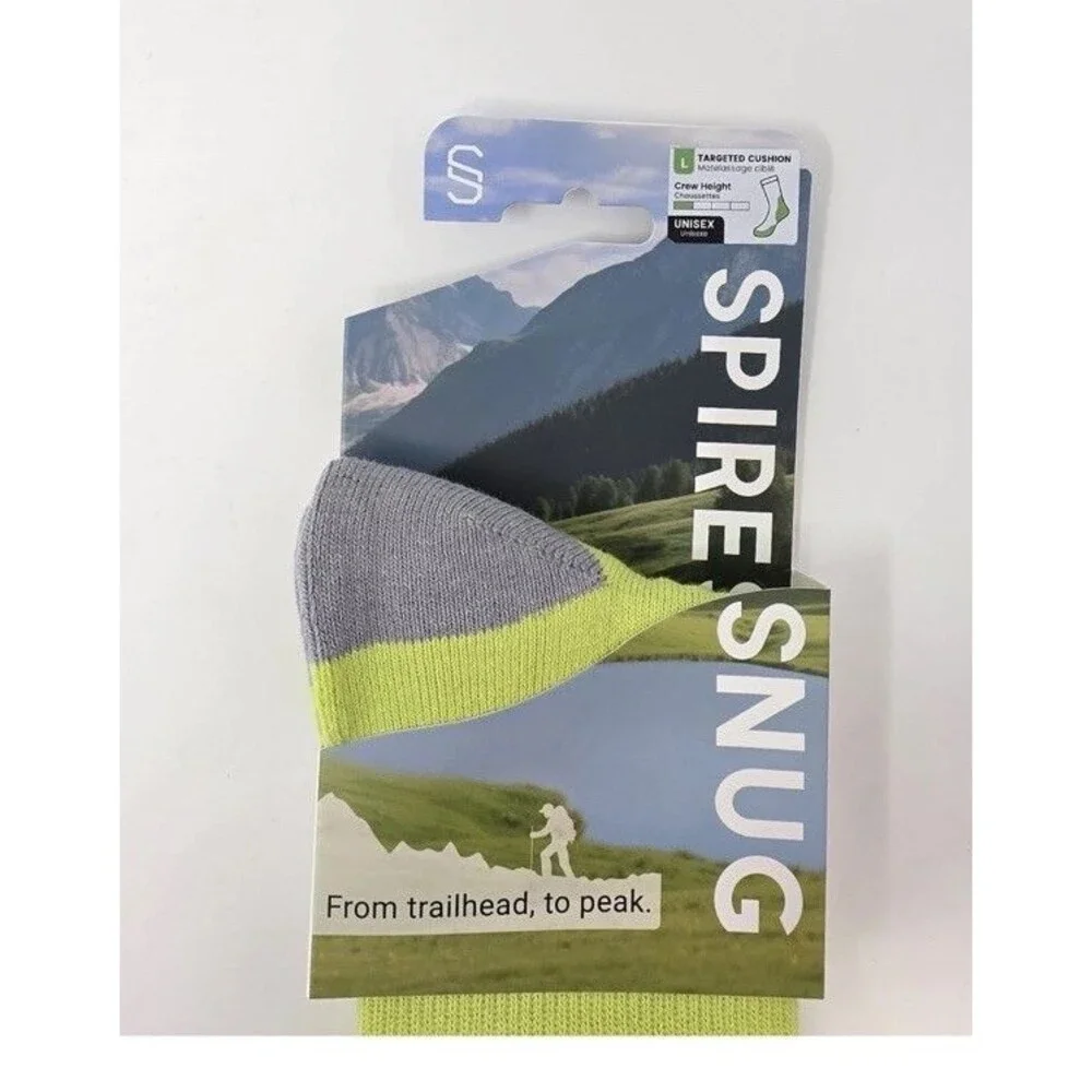 New! SpireSnug Crew Targeted Cushion Coolmax Hiking Socks Neon Yellow Gray Large